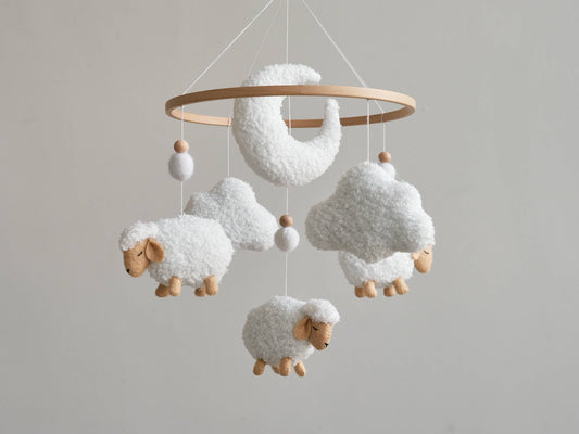 Neutral Nursery Mobile - Boucle Sheep Baby Crib Mobile