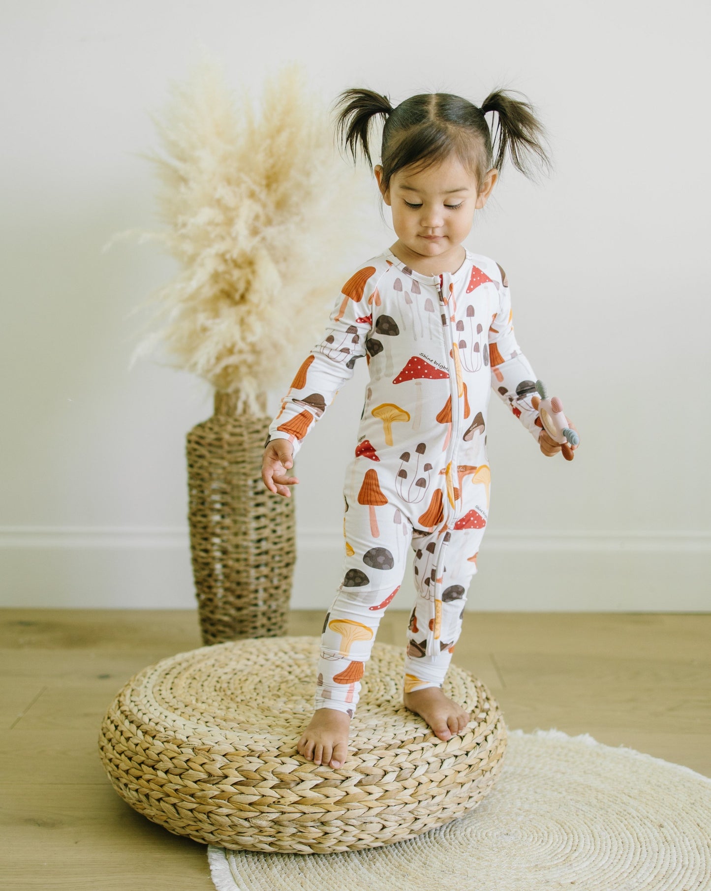 Little sleepies baby bamboo pajamas with mushroom print and words of affirmation for kids and mothers.