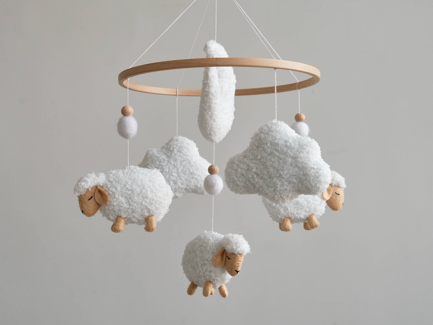 Neutral Nursery Mobile - Boucle Sheep Baby Crib Mobile