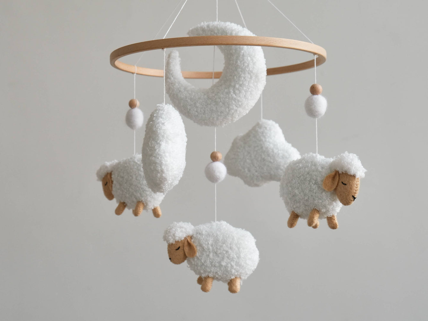 Neutral Nursery Mobile - Boucle Sheep Baby Crib Mobile