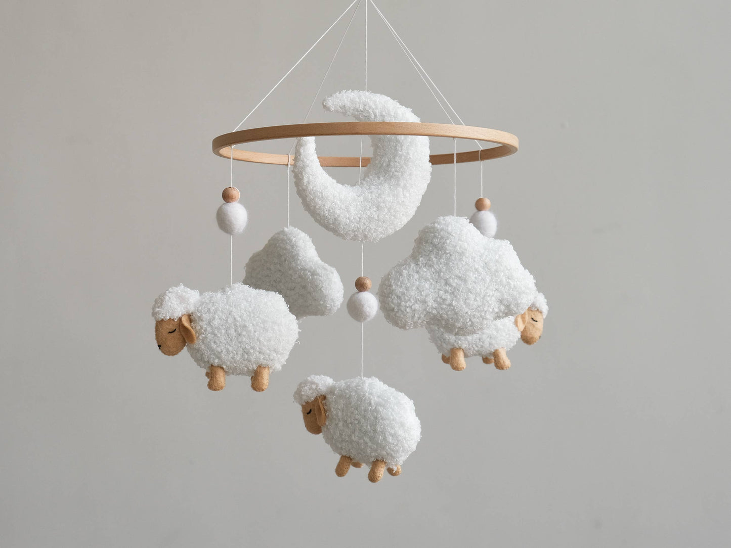 Neutral Nursery Mobile - Boucle Sheep Baby Crib Mobile